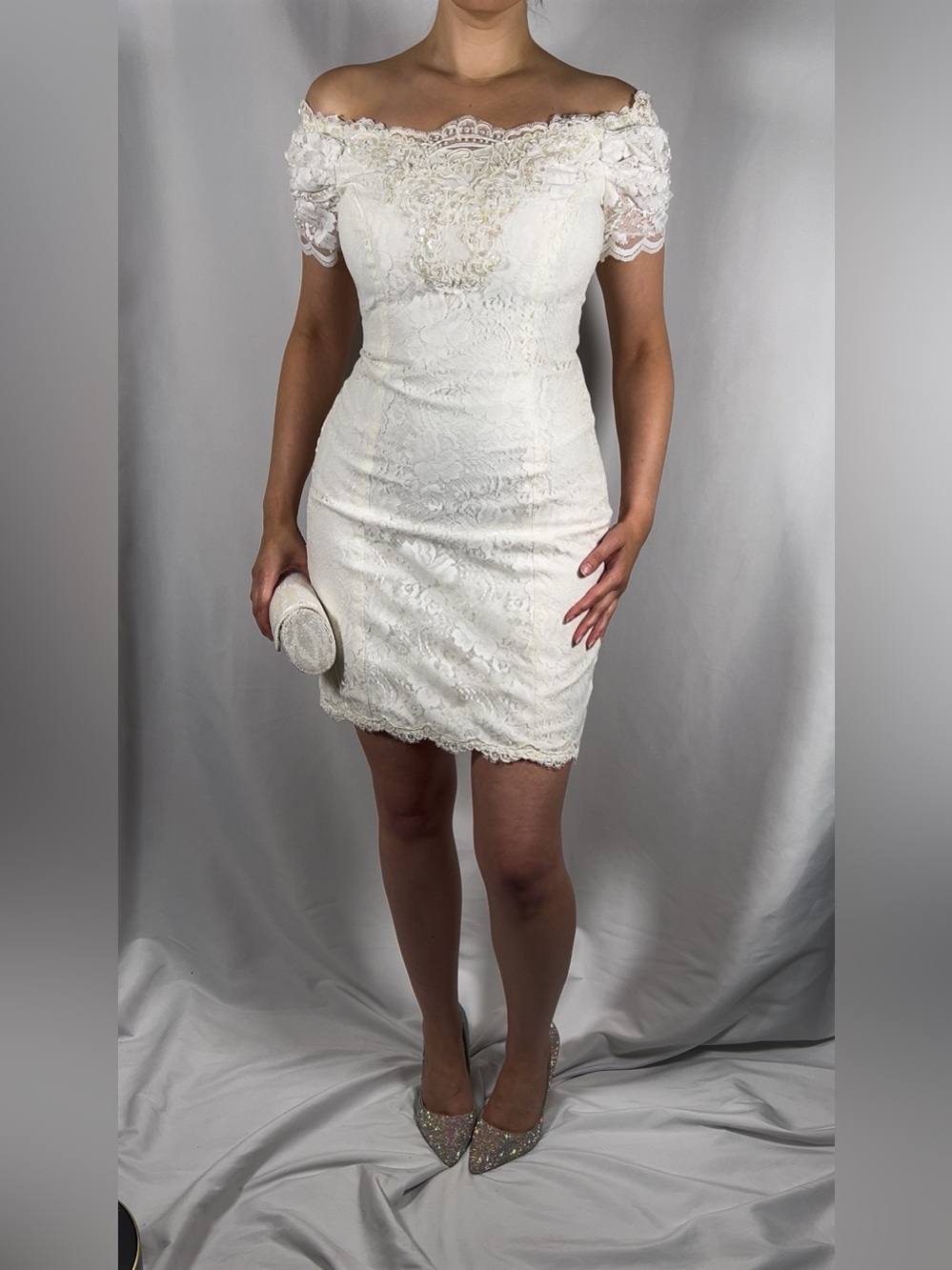 Vintage Ivory Lace & Sequin Beaded Short Wedding / Bridal / Formal Dress